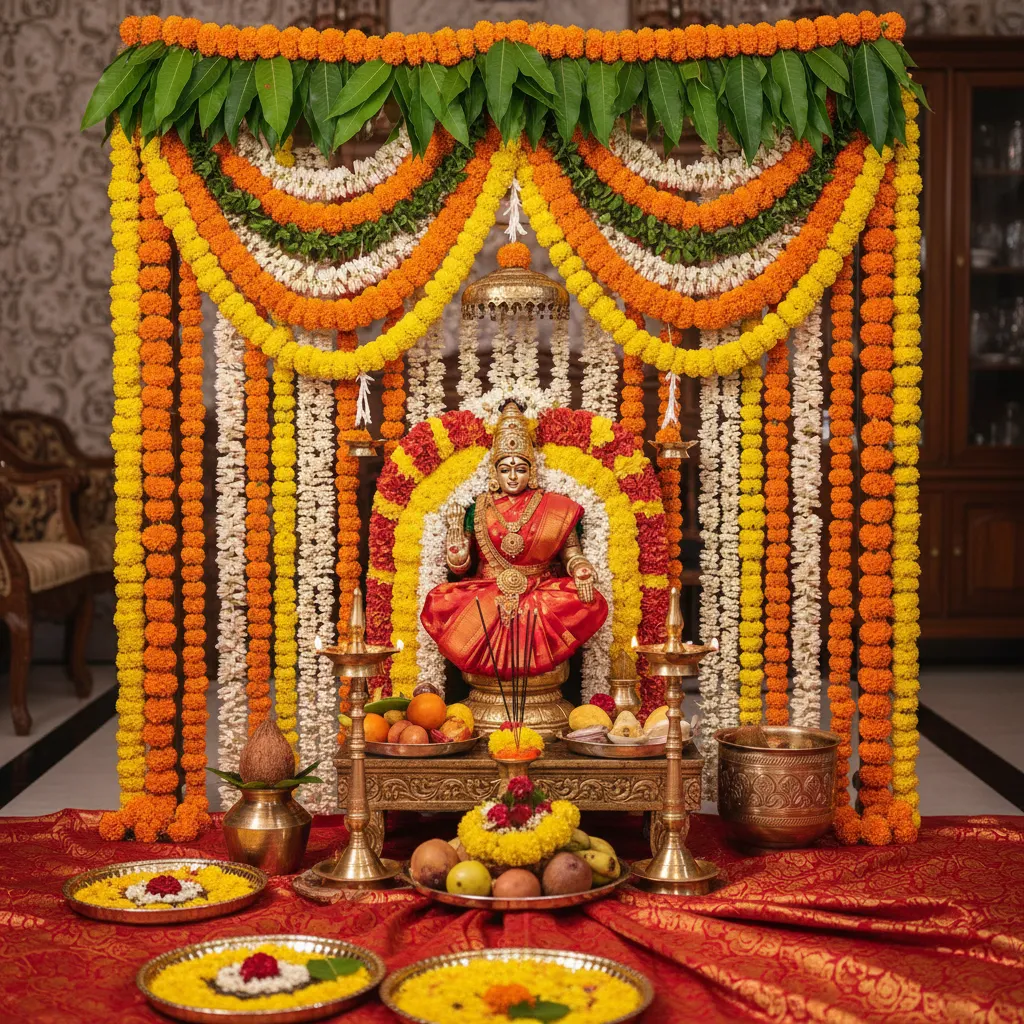 Varalakshmi pooja decoration using marigold jasmine flowers and mango leaf toran
