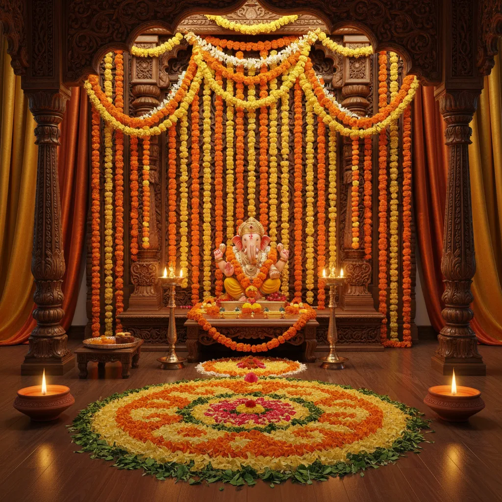 Ganesh pooja decoration using marigold flowers and floral rangoli