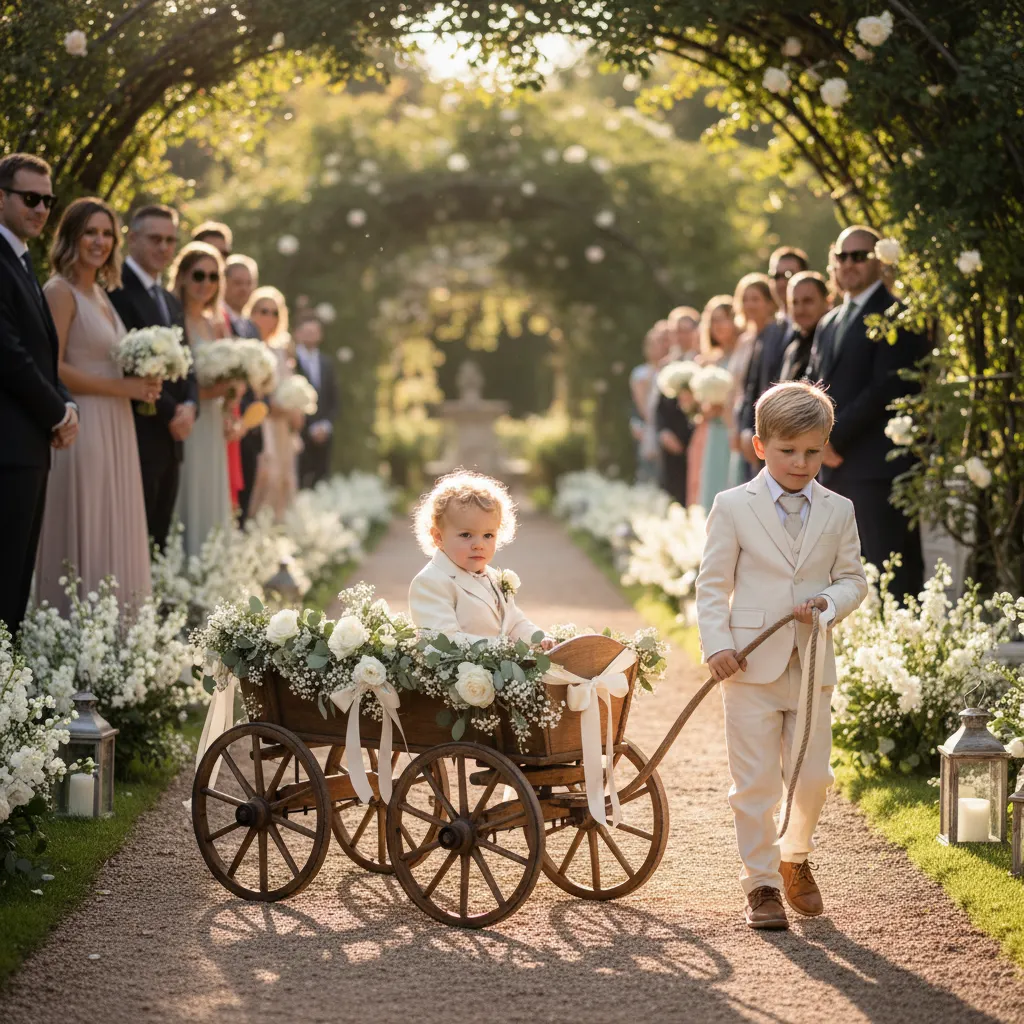 flower girl riding in decorated wedding wagon during ceremony