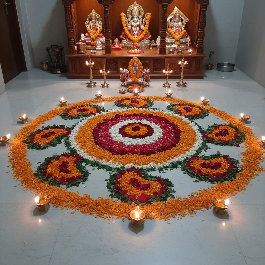 flower petal rangoli made with marigold and rose in pooja room