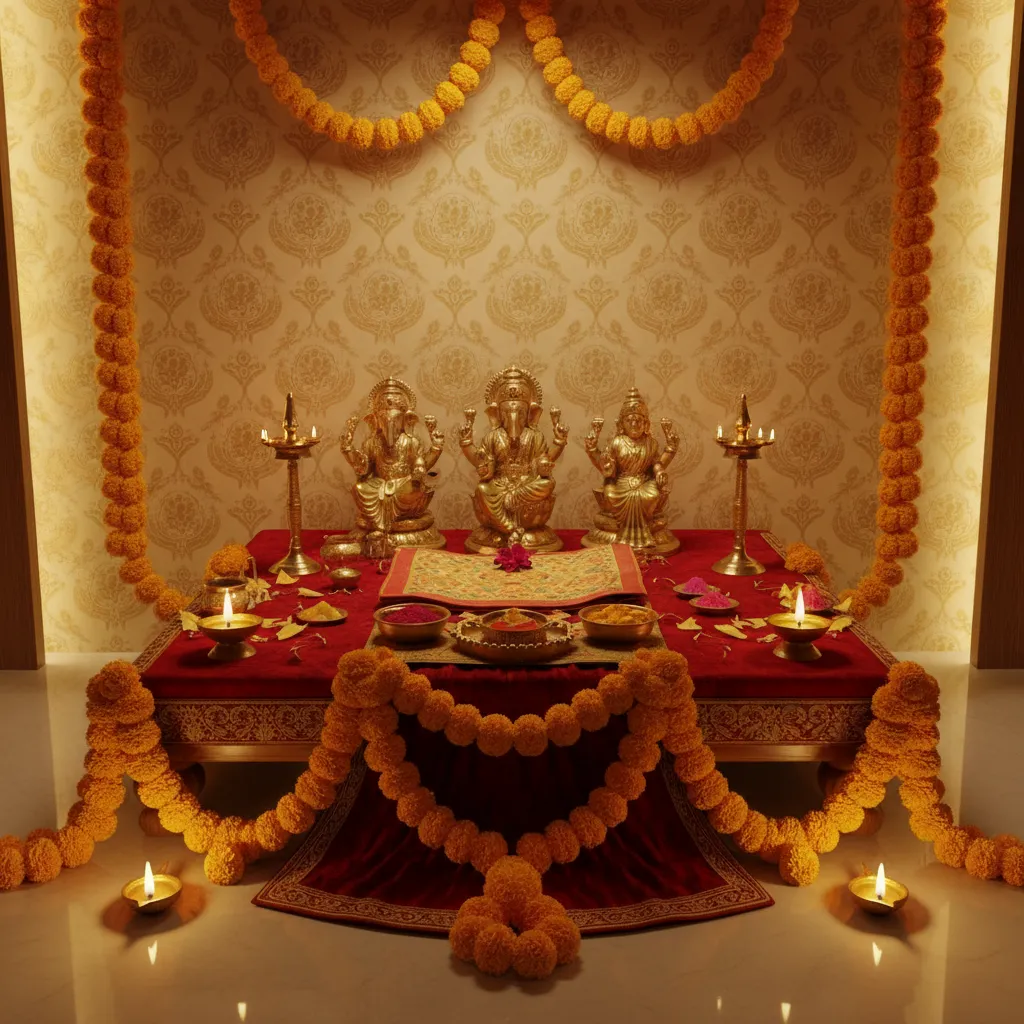 Pooja chowki decorated with marigold flowers and diyas
