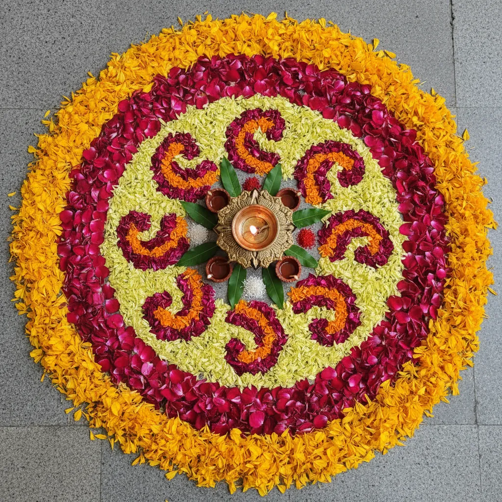 Circular flower rangoli made with marigold and rose petals for pooja decoration