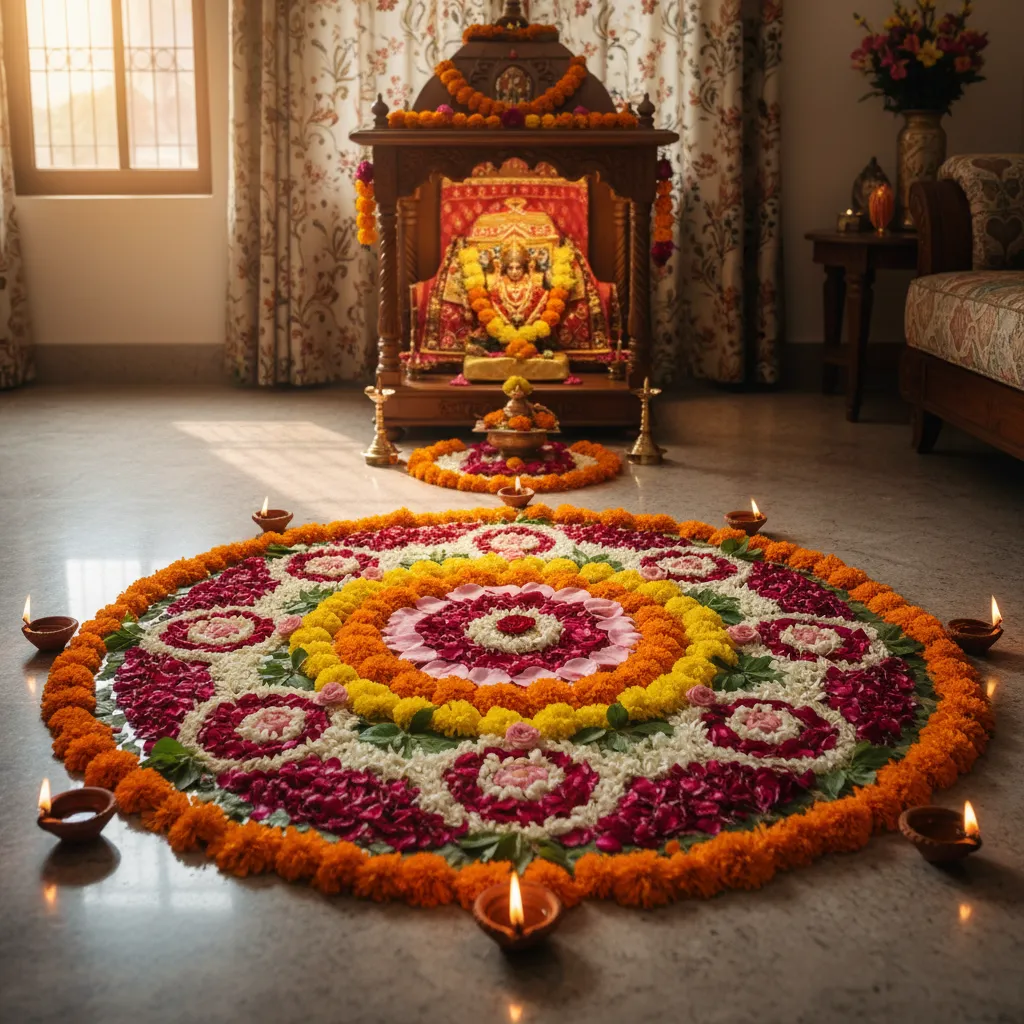 Colorful flower rangoli in front of home mandir