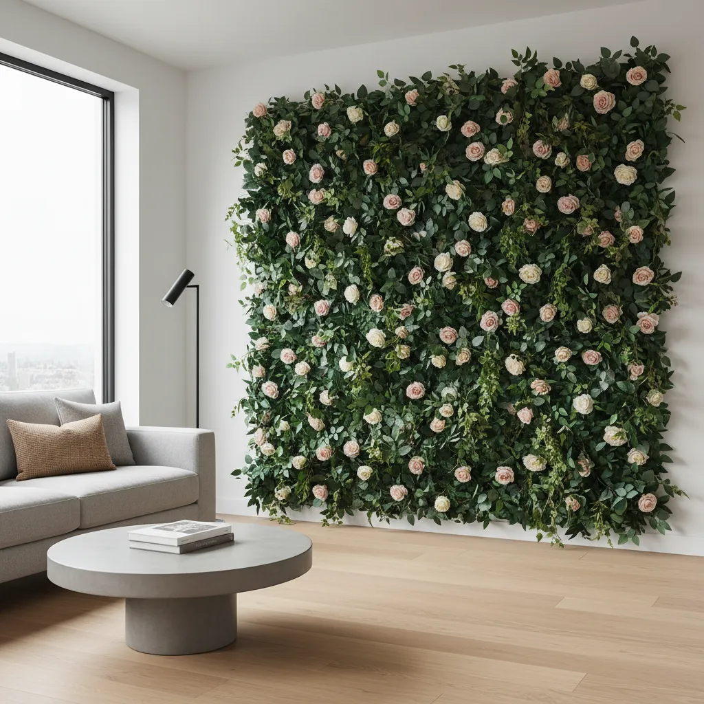 Artificial flower wall using greenery fillers and scattered roses