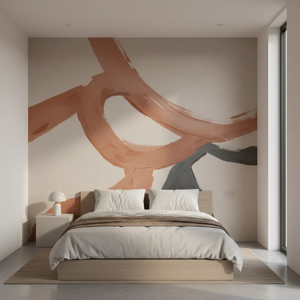Small bedroom with large flowing abstract brushstroke wall painting in neutral tones