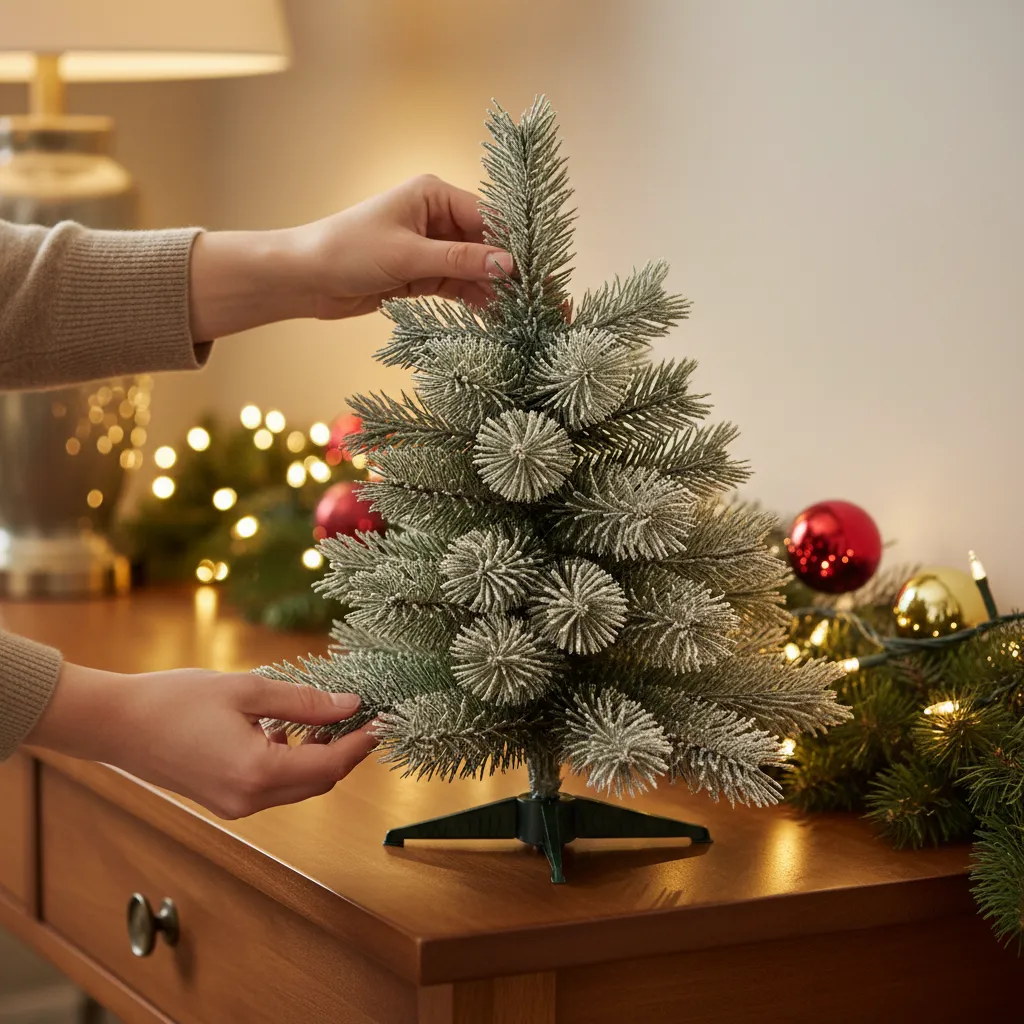 hands fluffing and spreading branches on a 3ft artificial Christmas tree