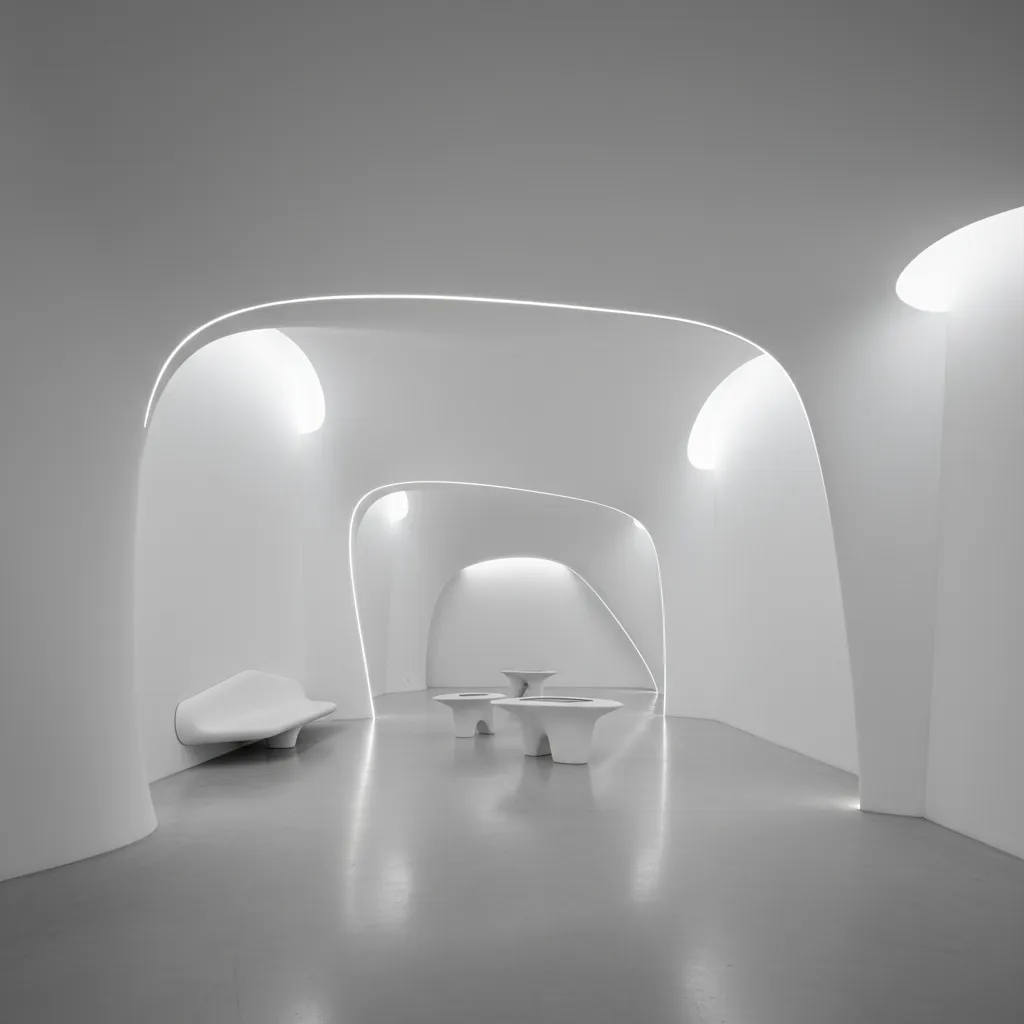 Interior con paredes curvas y superficies continuas inspiradas en Zaha Hadid