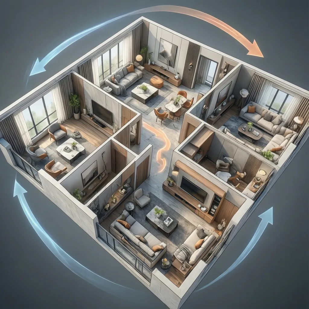 3D interior design drawing showing house room layout with colored arrows indicating air flow circulation