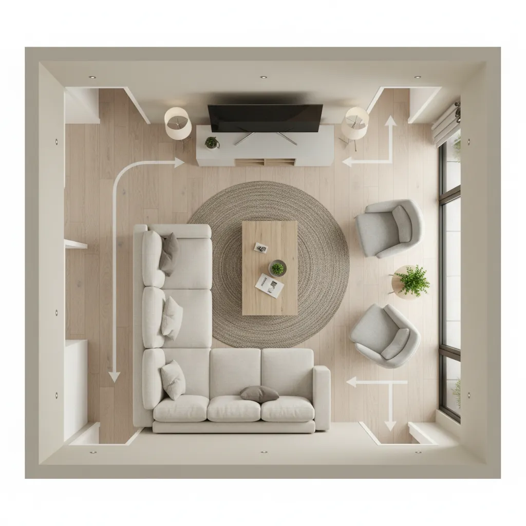 Top view living room layout with cream sofa round rug coffee table and white arrows