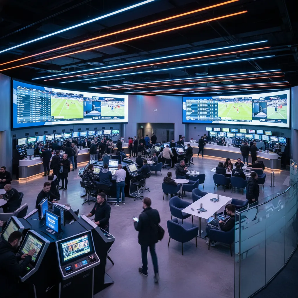Clientes moviéndose dentro de una casa de apuestas con pantallas deportivas