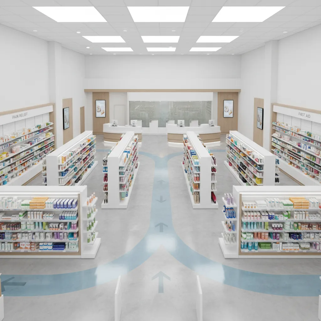 Modern pharmacy room layout showing customer flow paths with blue arrows and white product shelves
