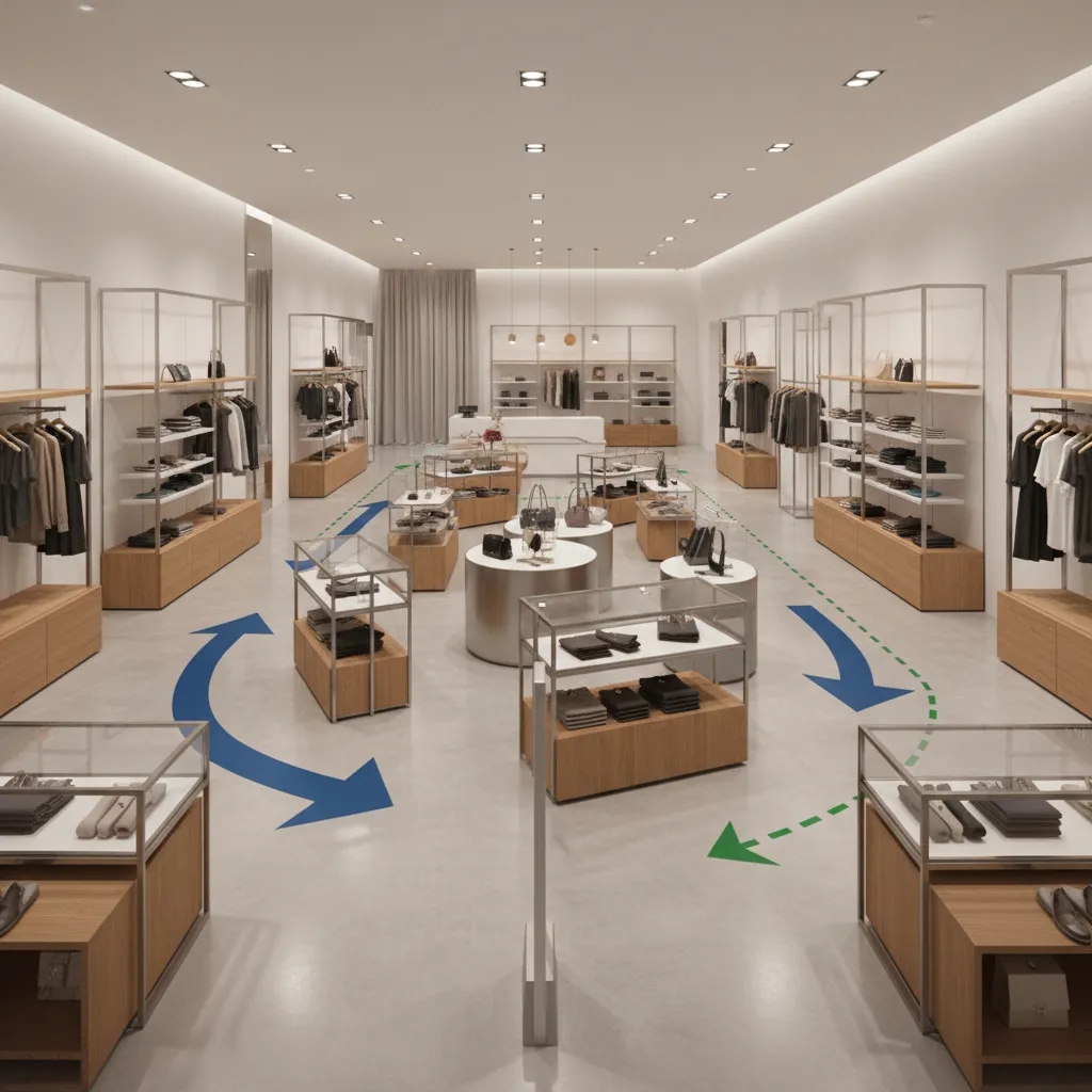 Representación del recorrido de clientes dentro del diseño de una tienda