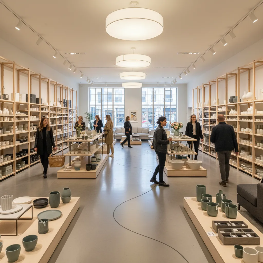 Plano interior de una tienda mostrando recorrido de clientes y zonas de producto