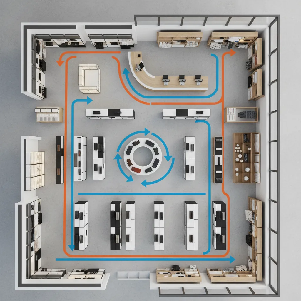 Plano de una tienda mostrando el flujo de circulación de clientes