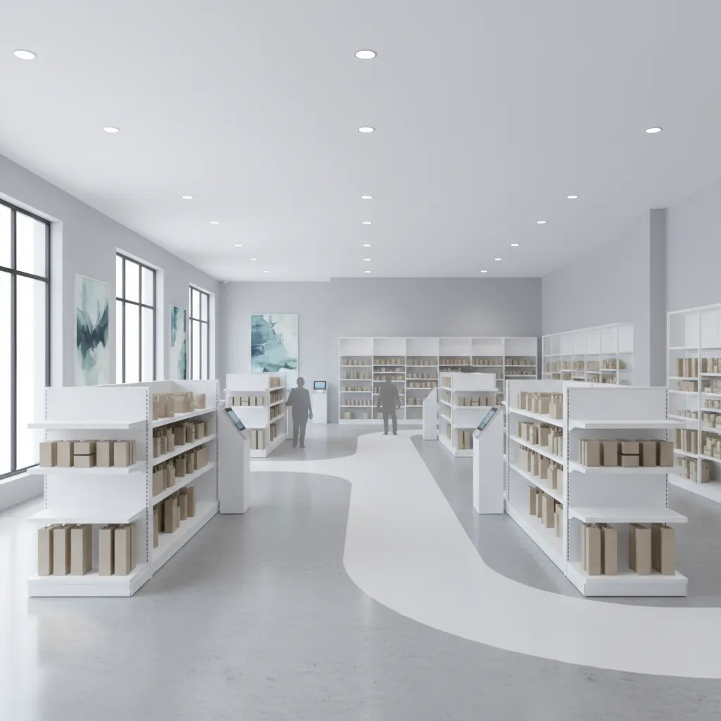 Modern minimalist store interior design with white shelves curved floor path and bright ceiling lights