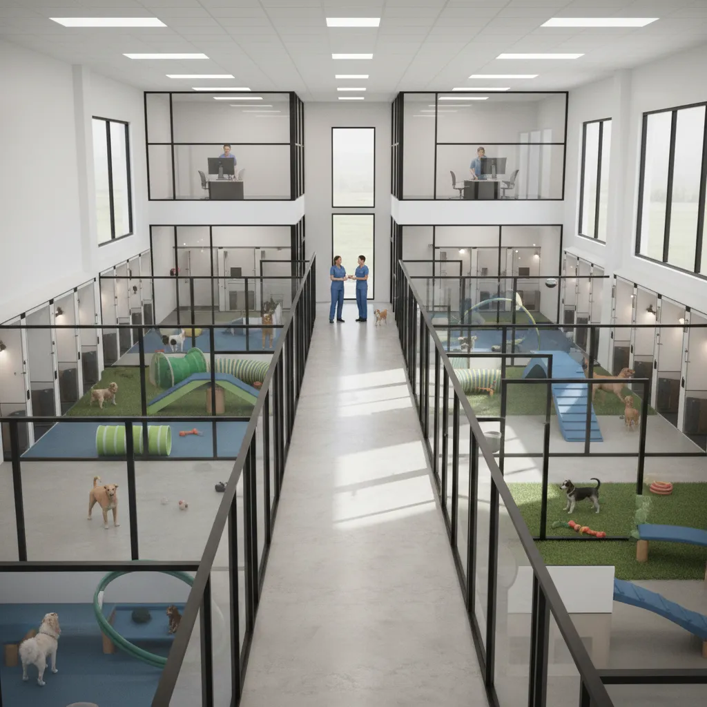 Diseño interior de guardería canina con pasillos amplios y áreas de juego