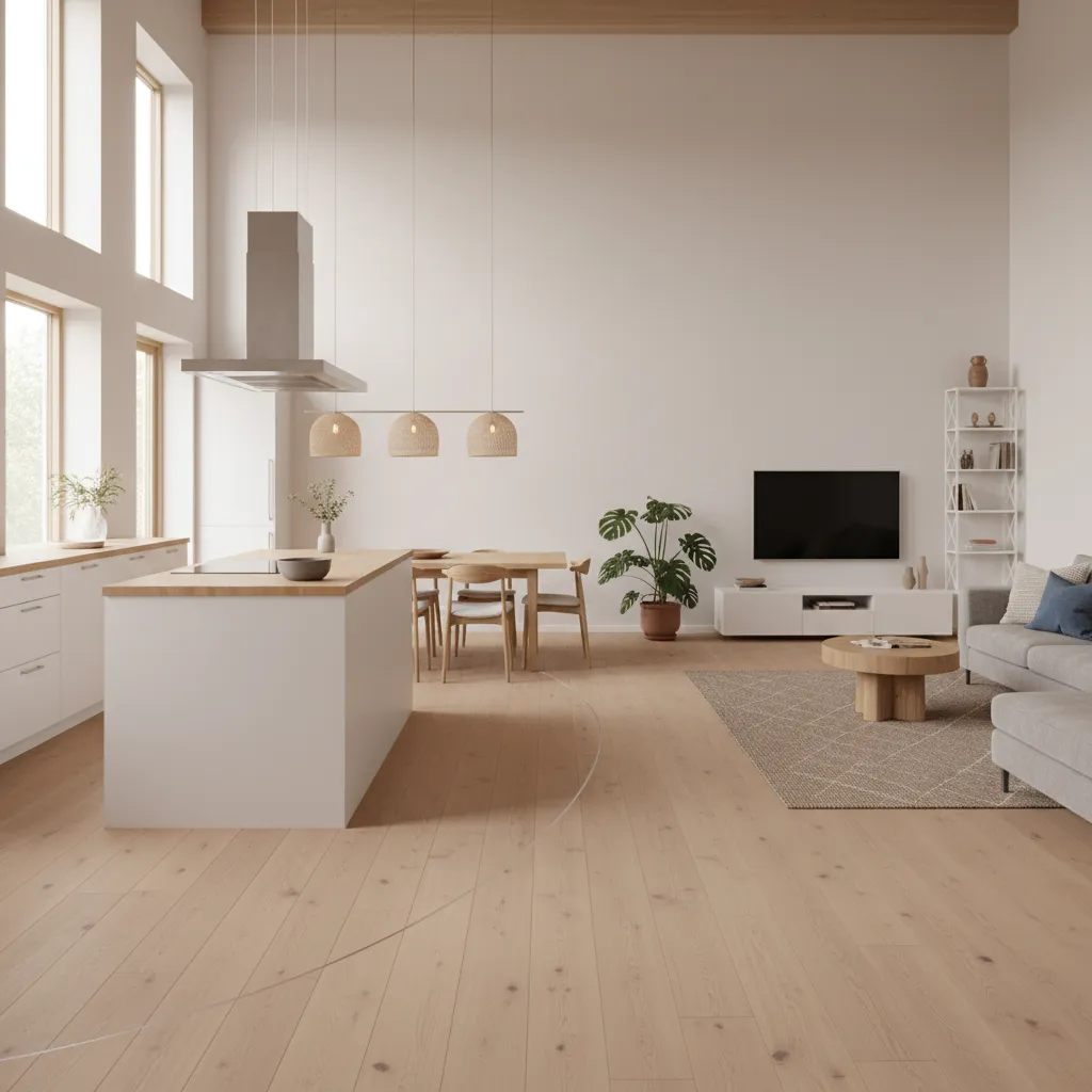 Diseño interior mostrando conexión entre cocina, comedor y salón