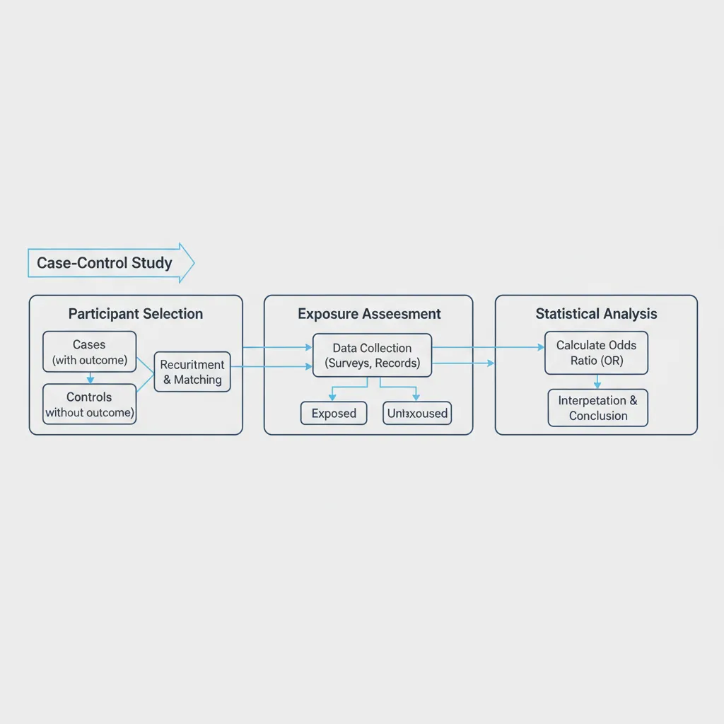Flowchart showing three step process of selecting participants measuring exposure and analyzing case control study