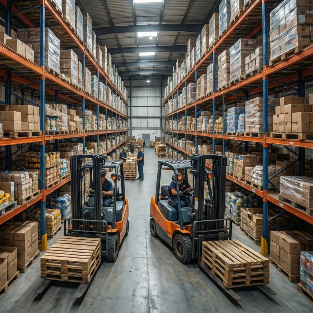 Pasillos amplios con carretillas moviendo mercancía en un almacén moderno