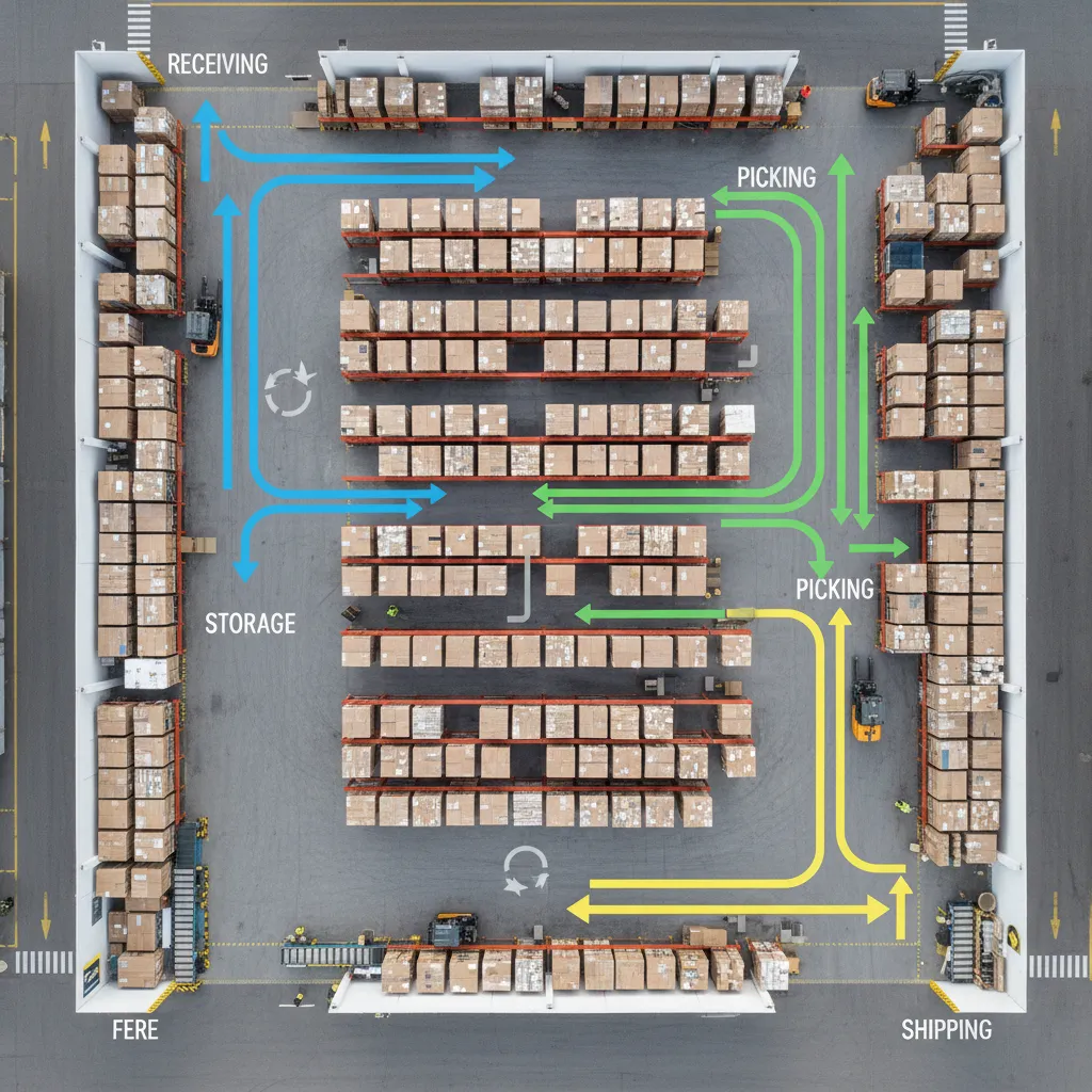 Flujo de mercancías dentro de un almacén con recorrido optimizado