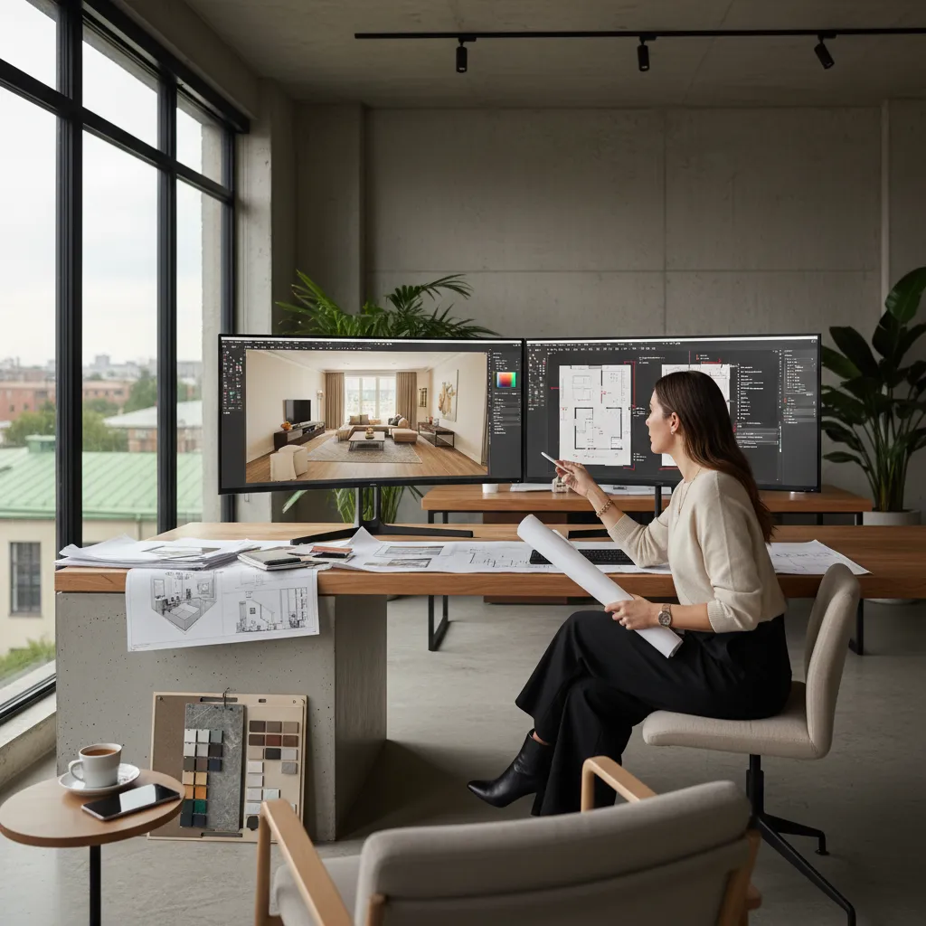 Diseñador revisando planos y modelo BIM en un proceso de diseño interior