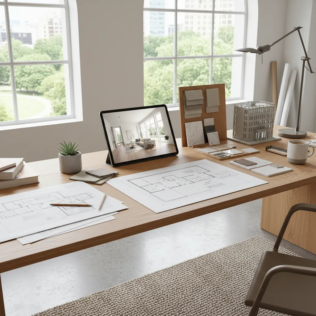 Wooden office desk with floor plan drawings tablet showing interior design and various material samples