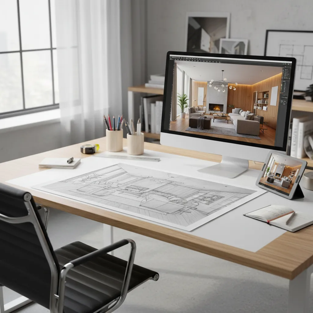 Proceso de diseño interior con boceto en papel junto a modelo 3D en ordenador