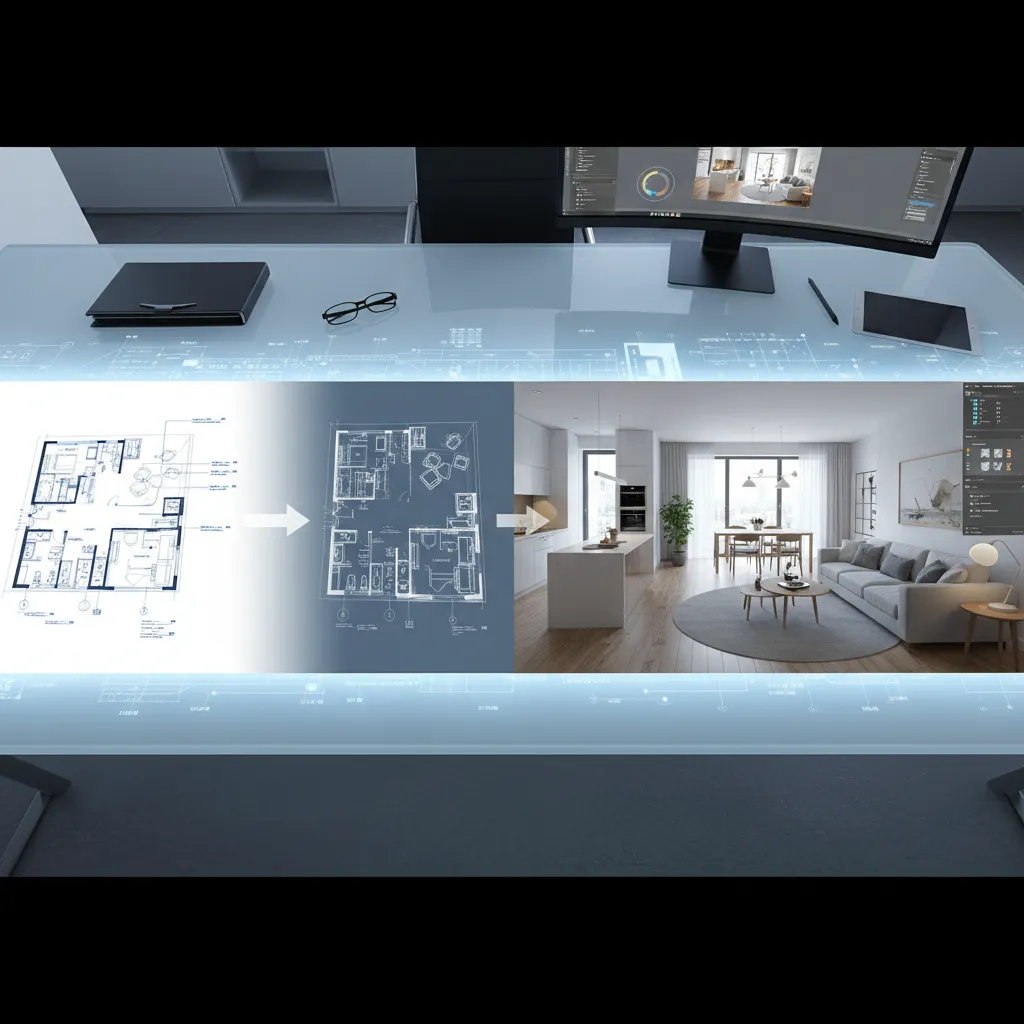 Proceso de diseño de interiores digital con plano y modelo 3D