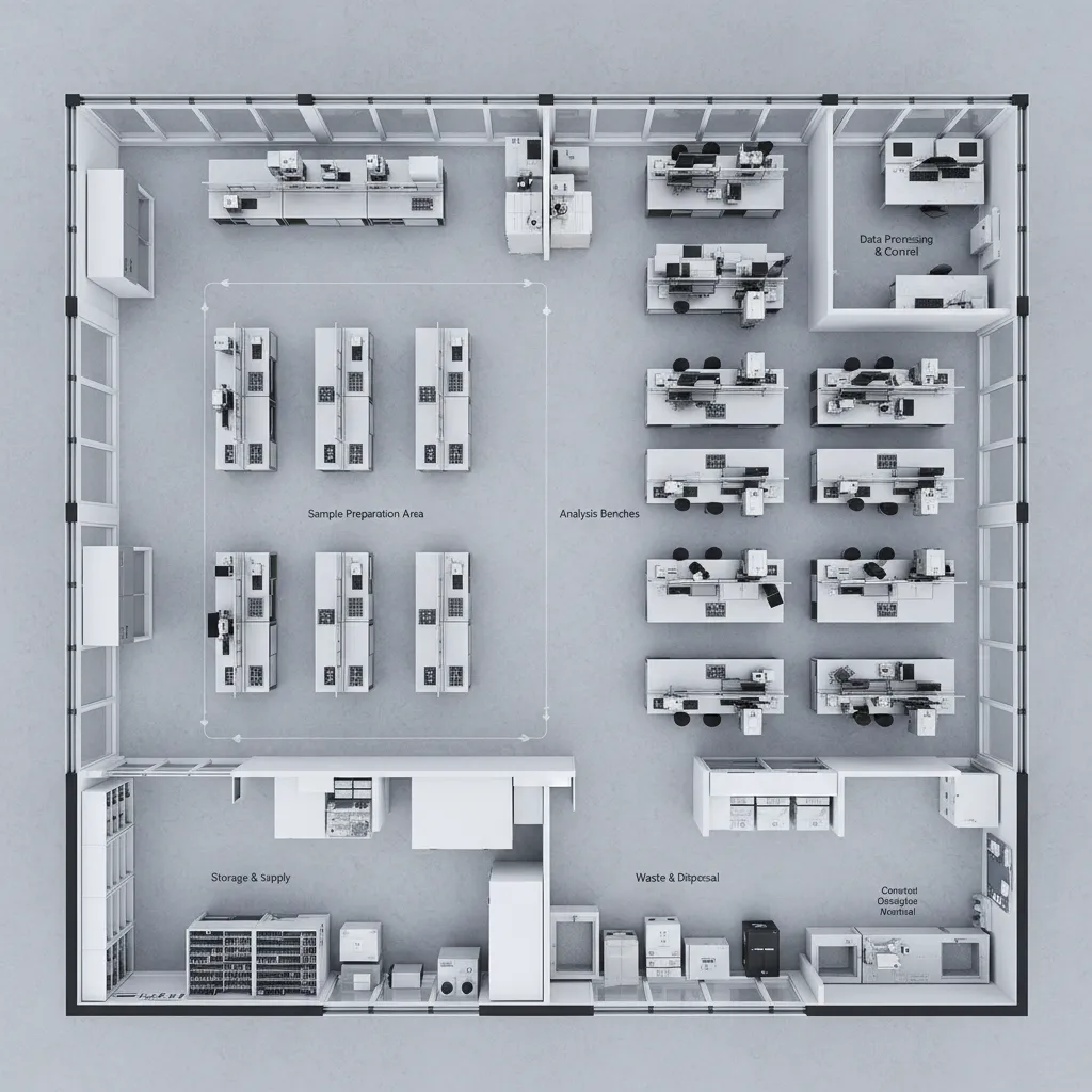 Plano de distribución de laboratorio mostrando flujo de trabajo entre zonas