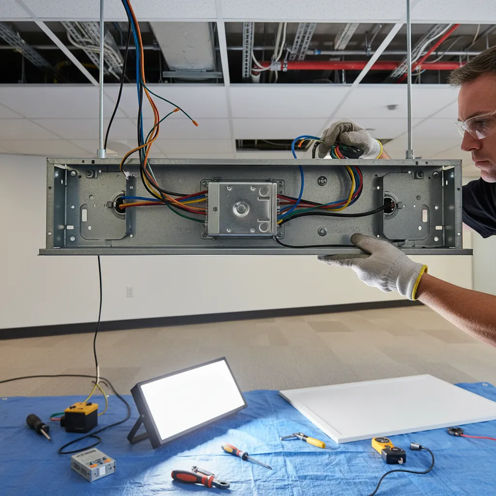 Electrician removing fluorescent ballast during LED retrofit conversion
