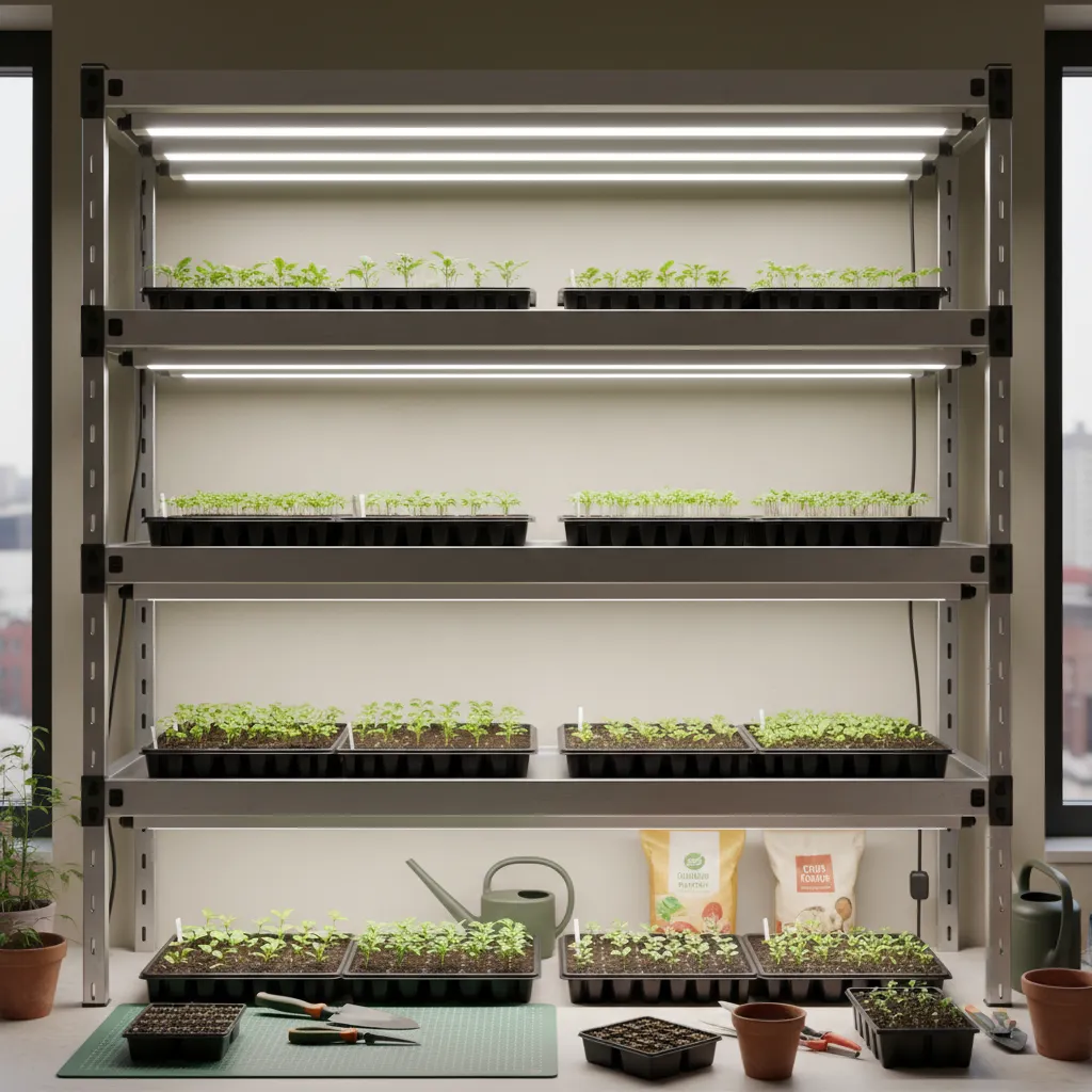 fluorescent T5 grow lights positioned close above seed trays