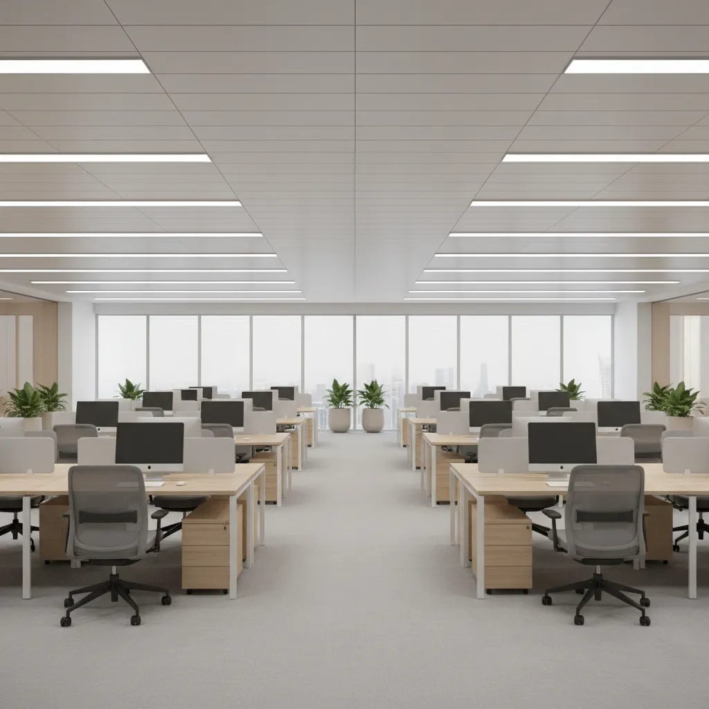Fluorescent tube lighting illuminating a modern office workspace