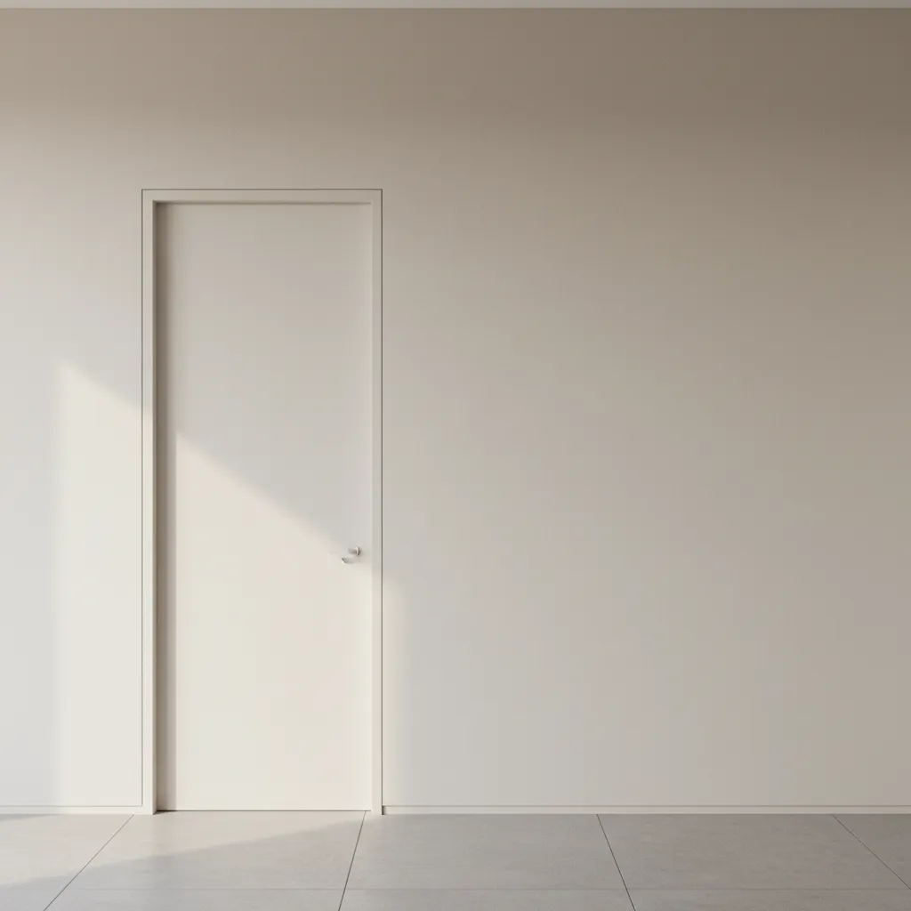 Flush drywall hidden door with invisible frame in a minimalist interior