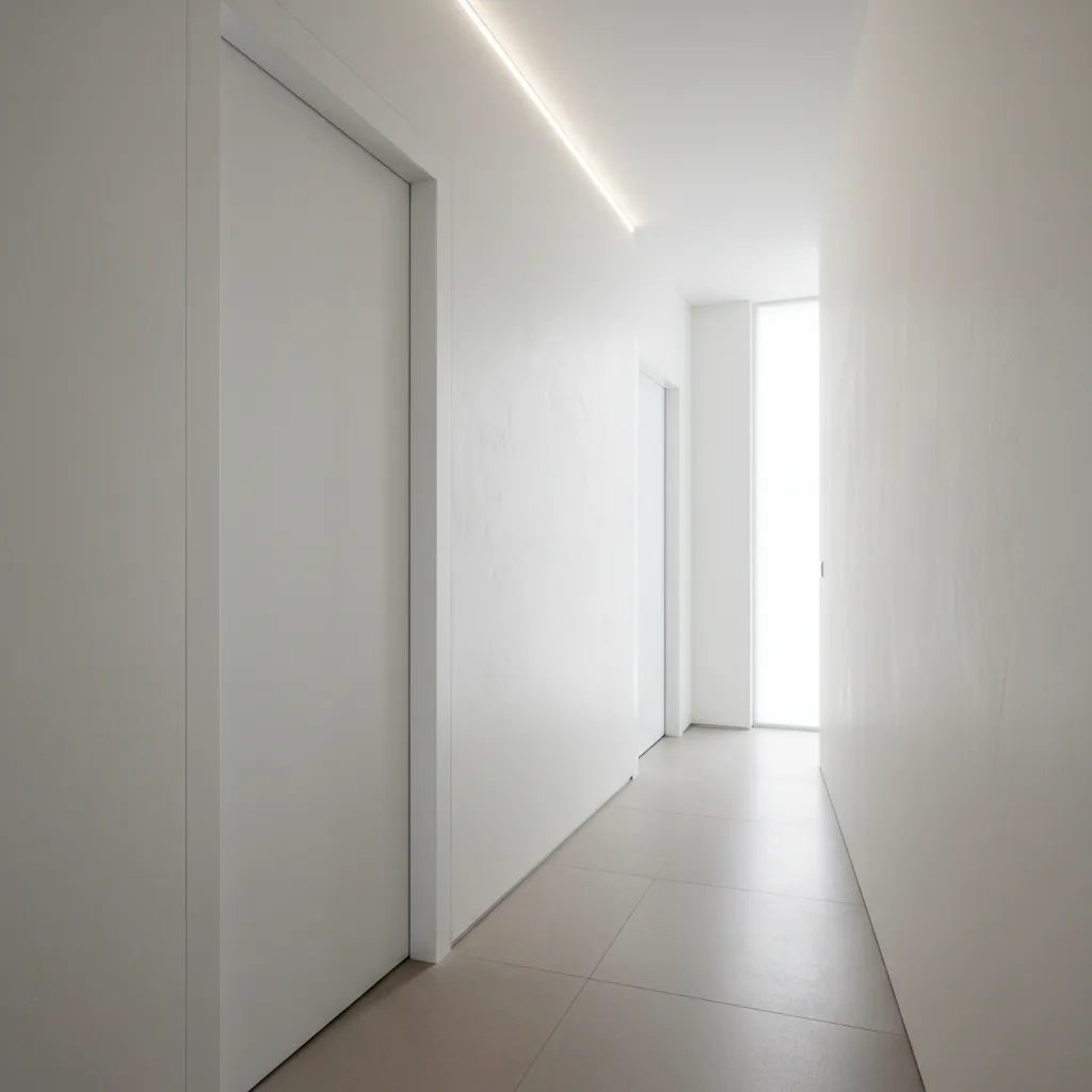 Puerta interior enrasada blanca en un pasillo moderno
