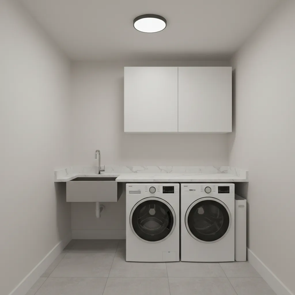 small laundry room with slim LED ceiling light fixture