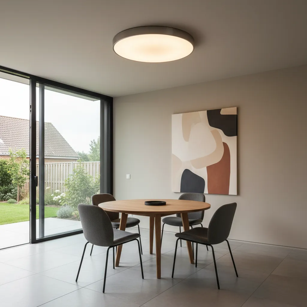 modern flush mount ceiling light in a compact dining room