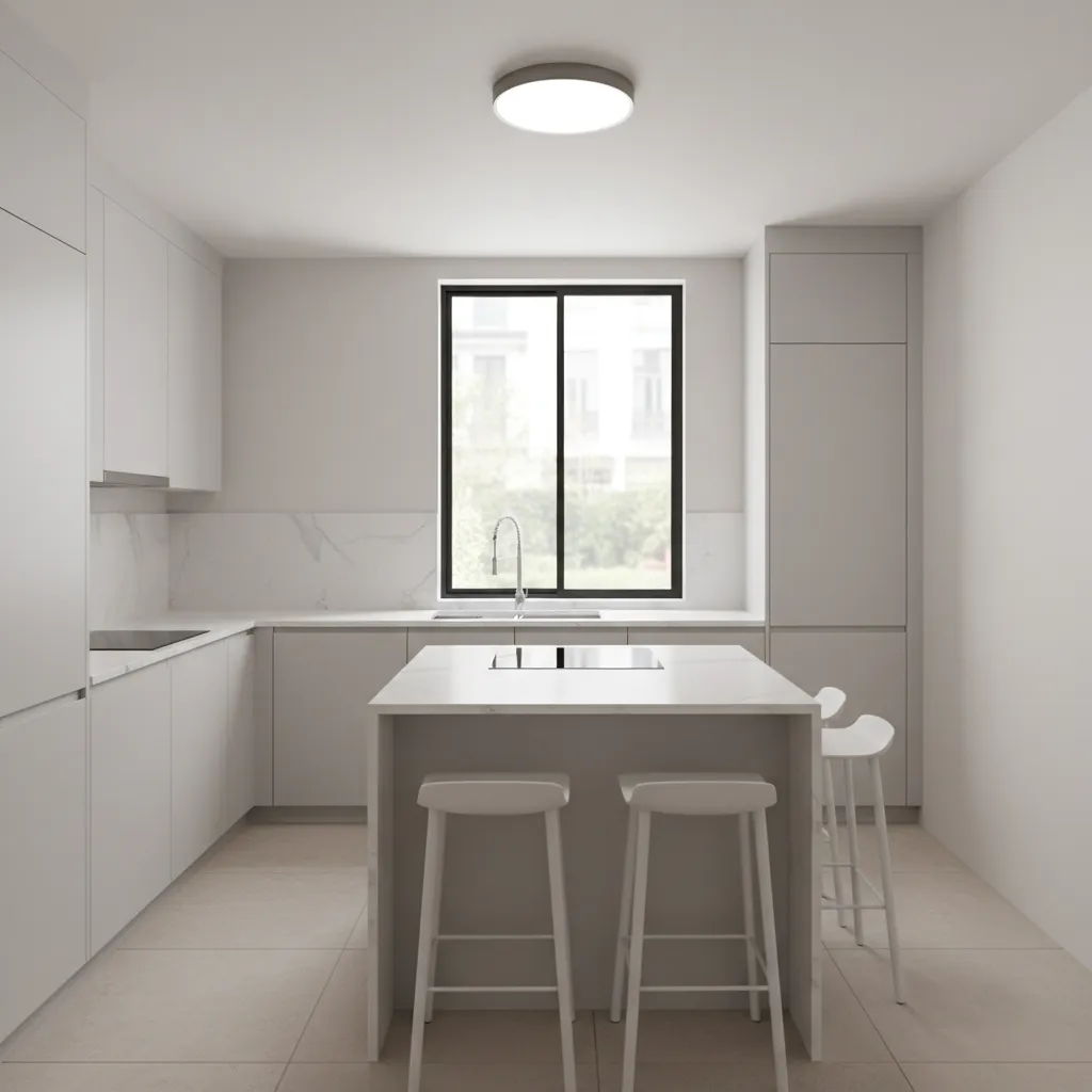 Round flush mount LED ceiling light in a compact kitchen