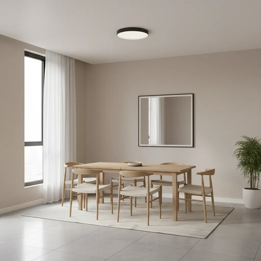 modern dining room with flush mount ceiling light and low ceiling