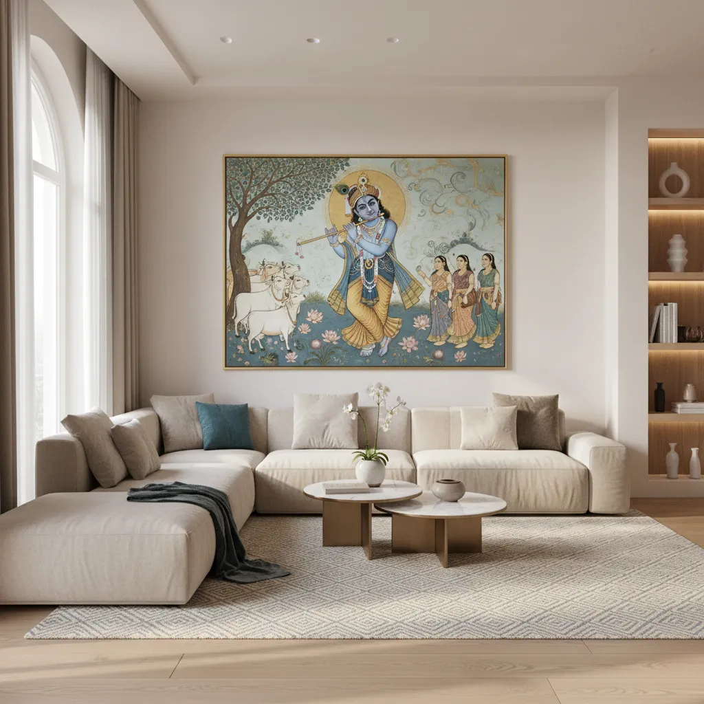 Large flute playing Krishna wall painting in elegant interior