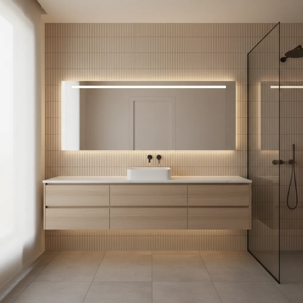 Vertical fluted textured tiles used on a bathroom wall behind a vanity
