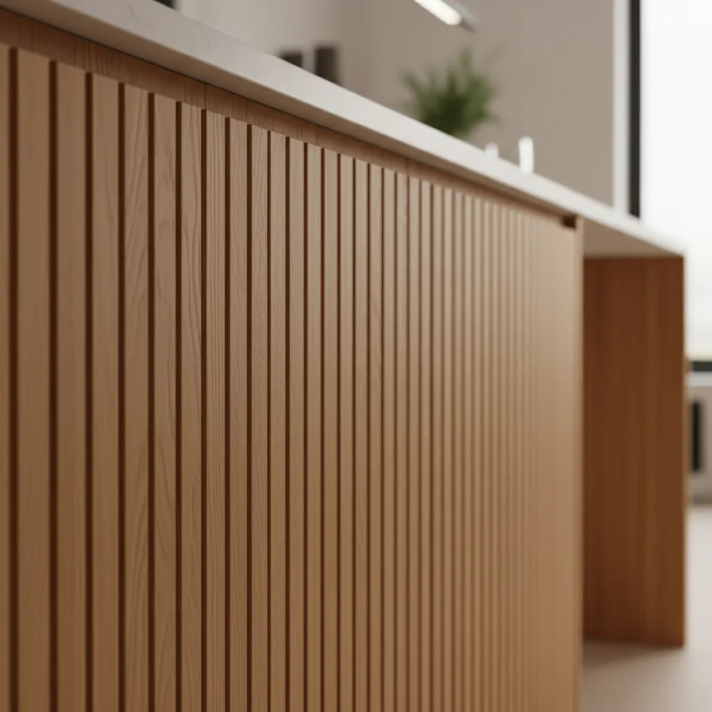 Close up of fluted kitchen cabinet door grooves in a modern kitchen