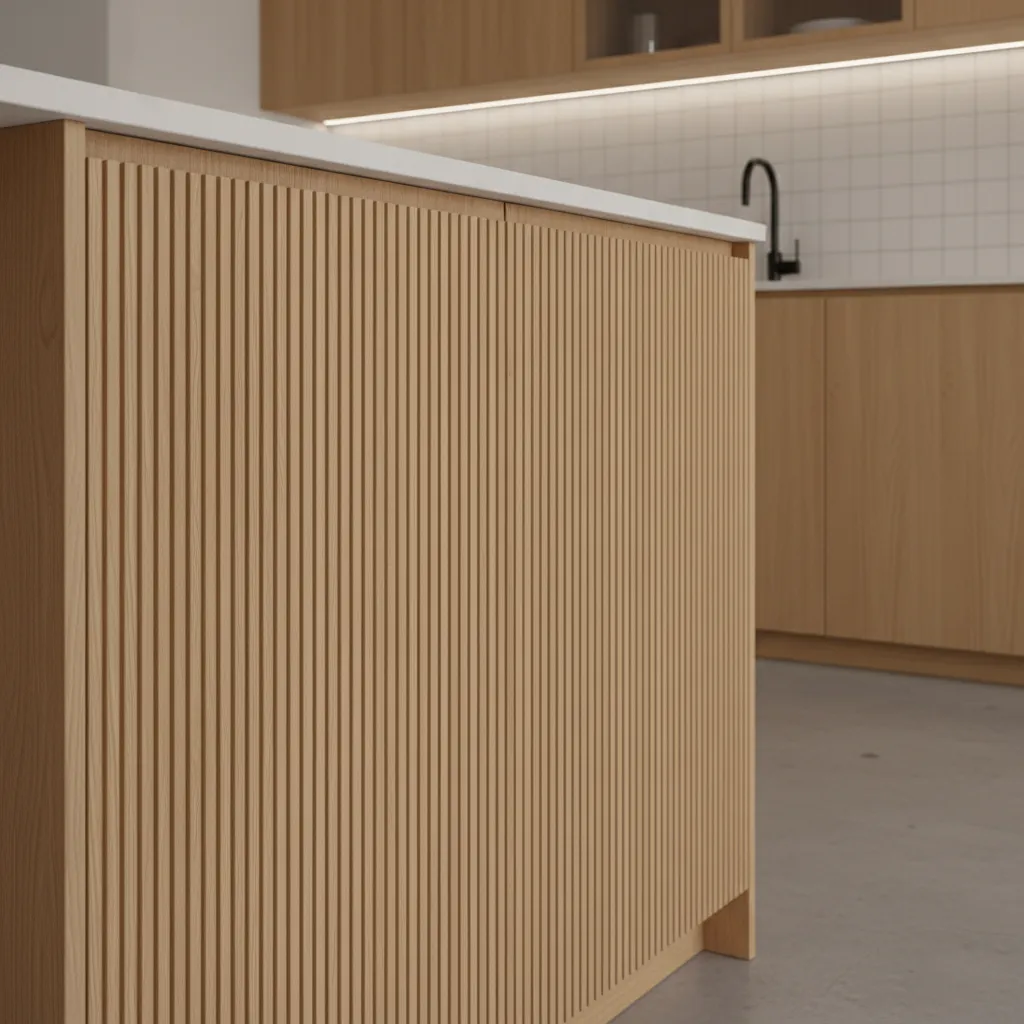 Close view of vertical fluted wooden kitchen cabinet doors