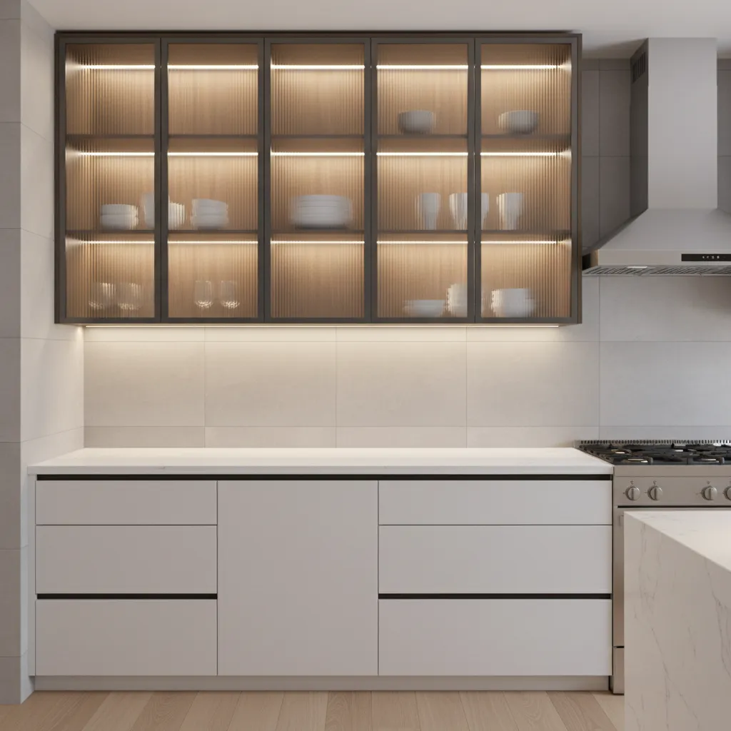 upper kitchen cabinet with fluted glass panel insert