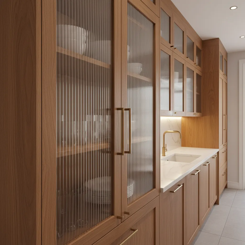 Kitchen cabinets with fluted glass doors and wood frames