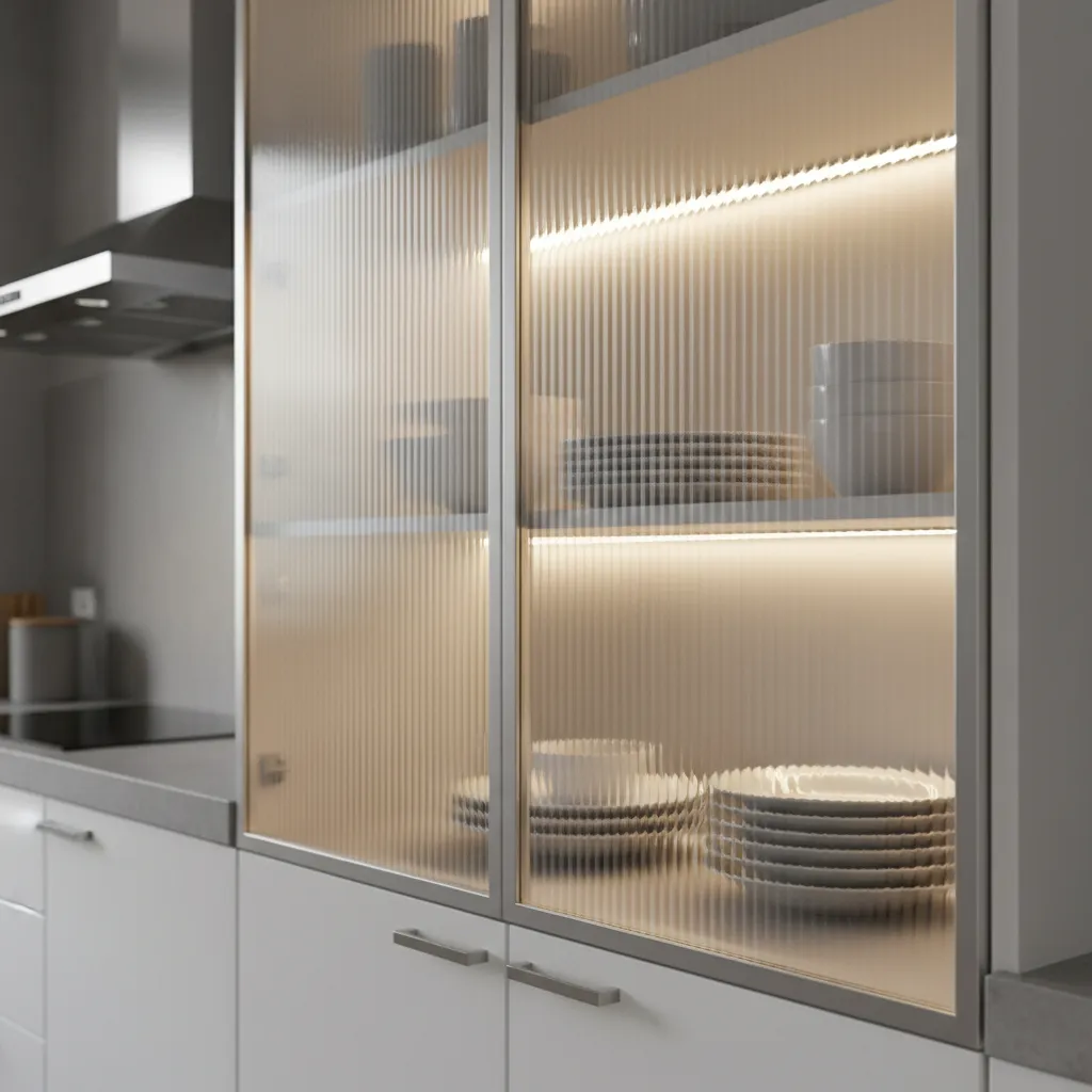 Close view of fluted glass kitchen cabinet doors with soft lighting