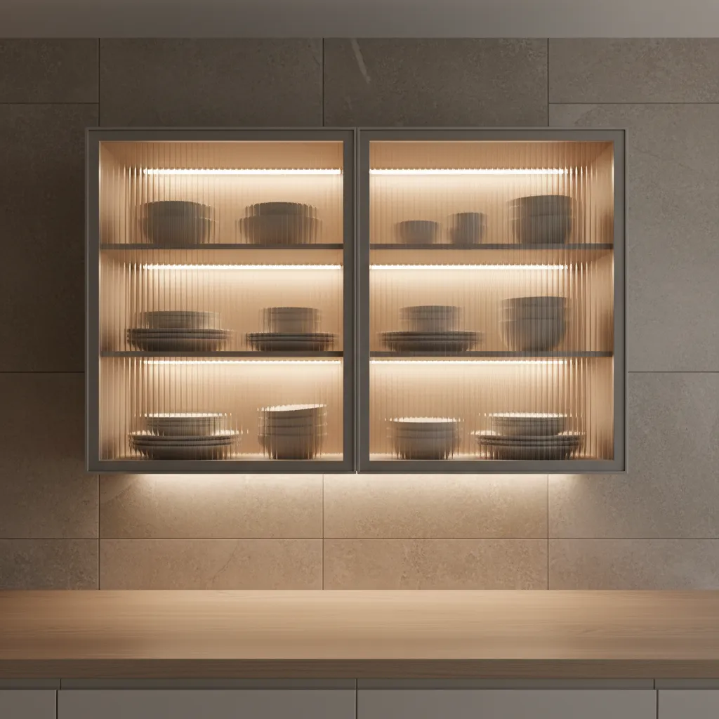 Close view of fluted glass kitchen cabinet doors with interior lighting