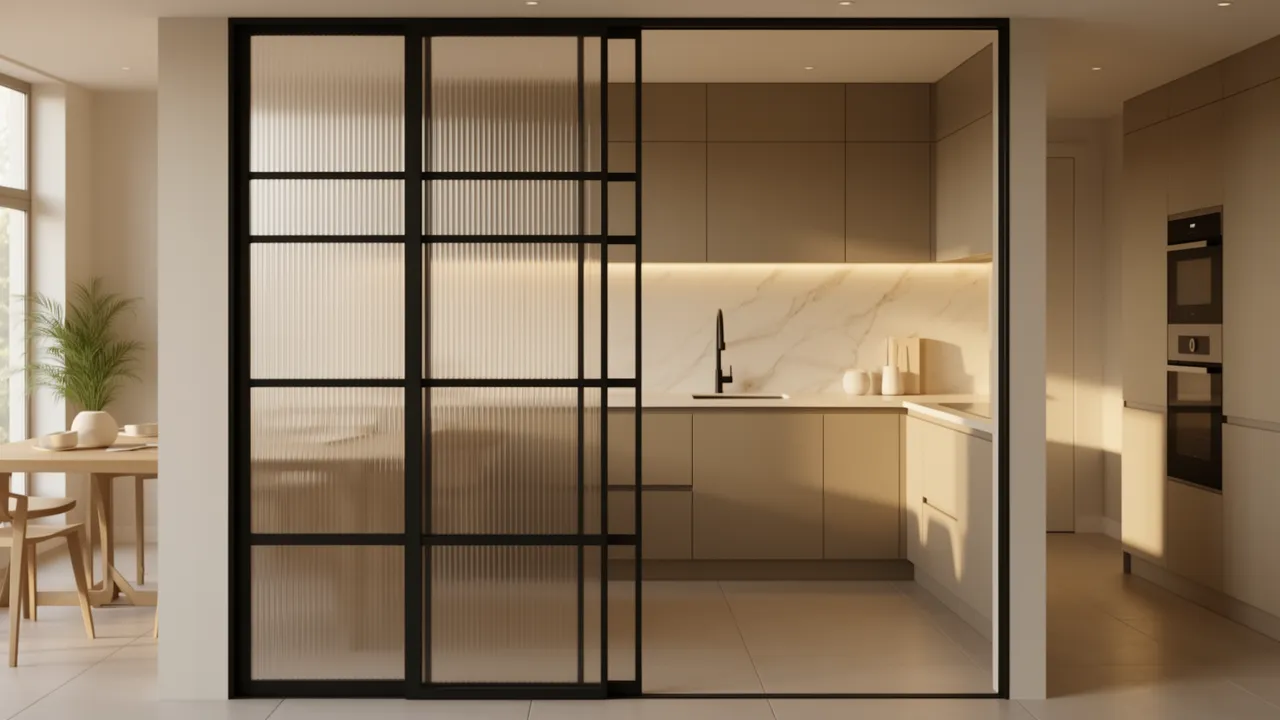 Fluted glass kitchen door adding texture and light