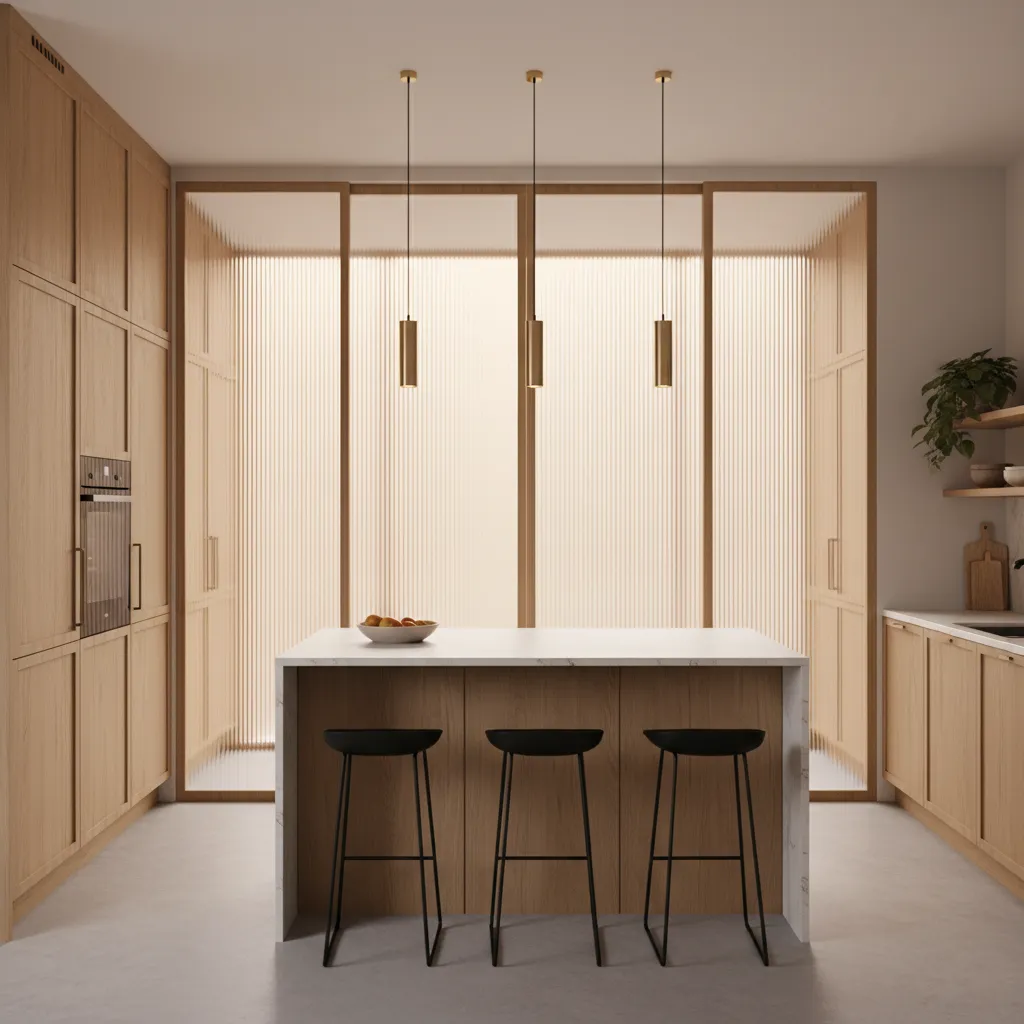 Fluted textured glass sliding door for modern closed kitchen