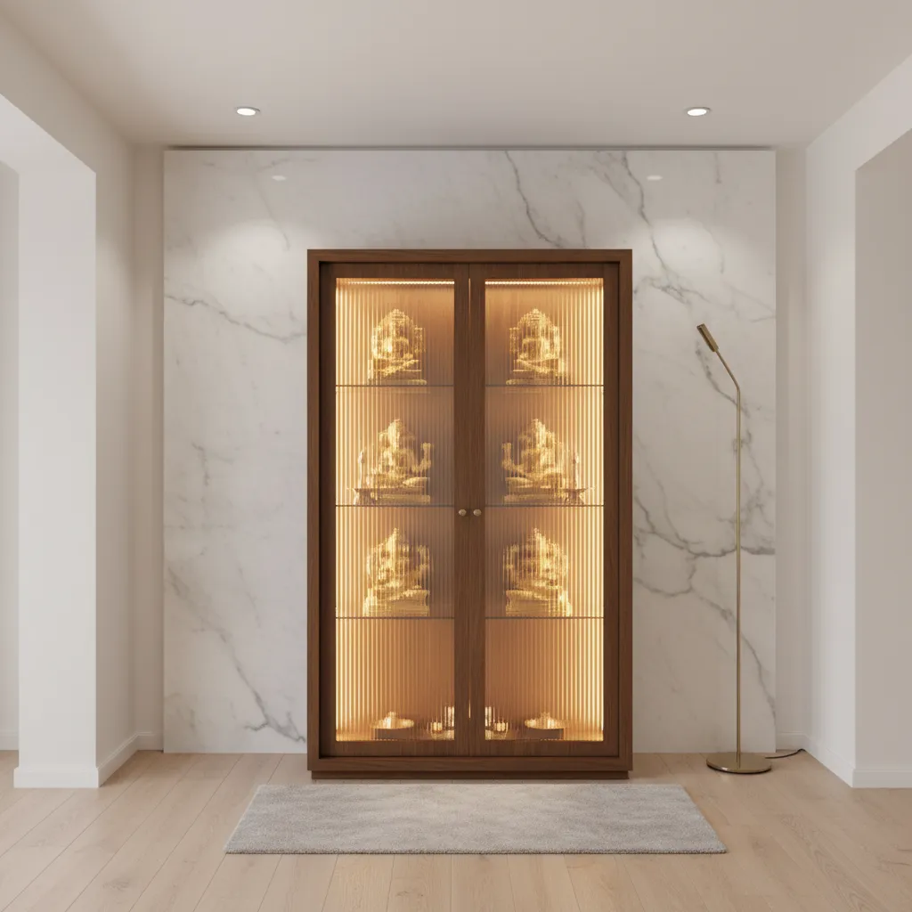 fluted glass door pooja unit with wooden frame and soft lighting