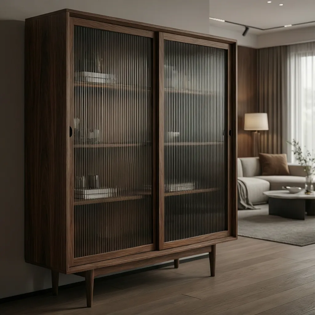 Modern wooden showcase with ribbed fluted glass cabinet doors